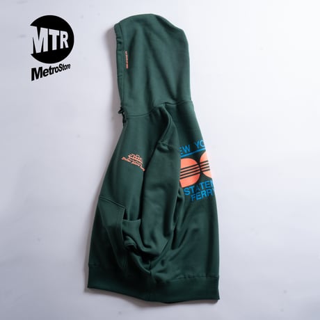 "STATEN ISLAND FERRY CREW TYPE" 10oz COTTON HOODIE GREEN