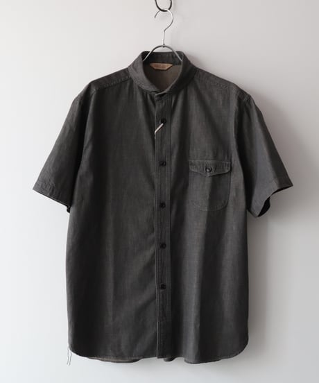Denim Shawl Collar Short Sleeve Shirt     [ORGUEIL]