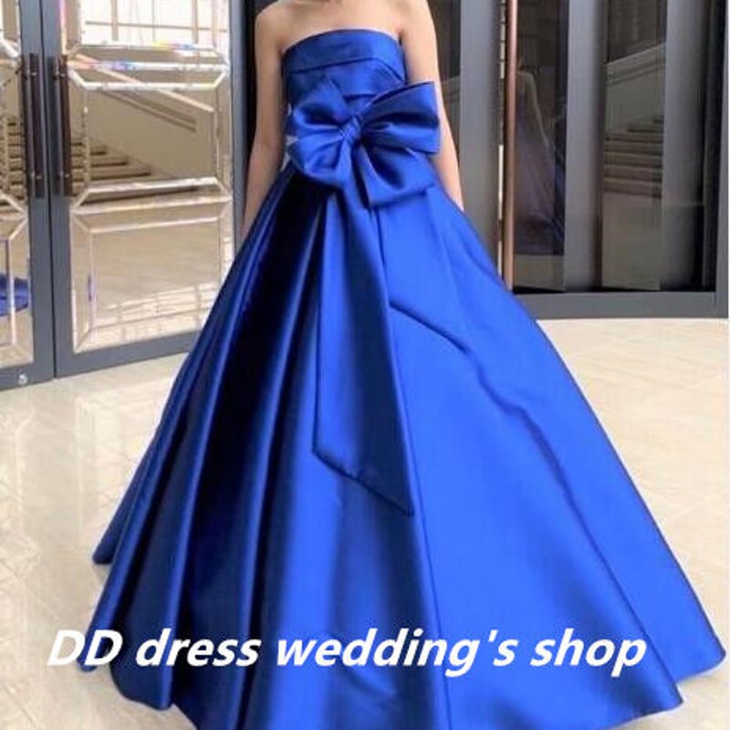 高品質！カラードレス ブルー ベアトップ つむれ リボン 光沢サテン  