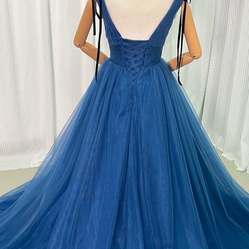 カラードレス 青/ブルー キャミソール Vネック エレガント バックレス  