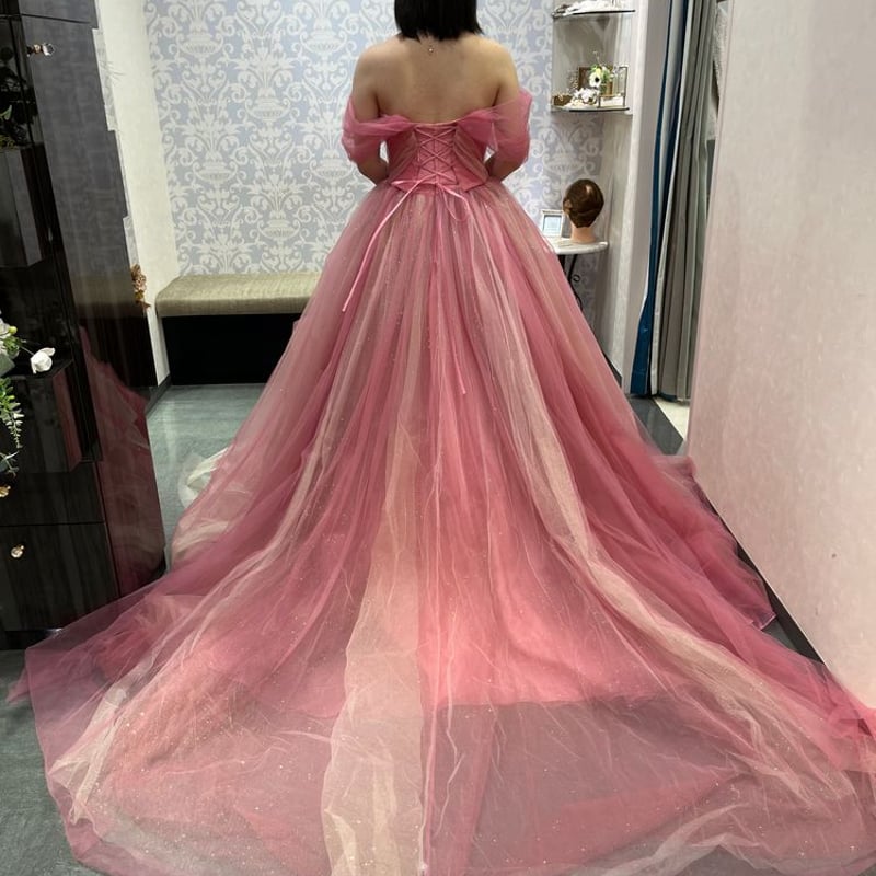 カラードレス ピング オフショルダー 編み上げ Aライン チュール  