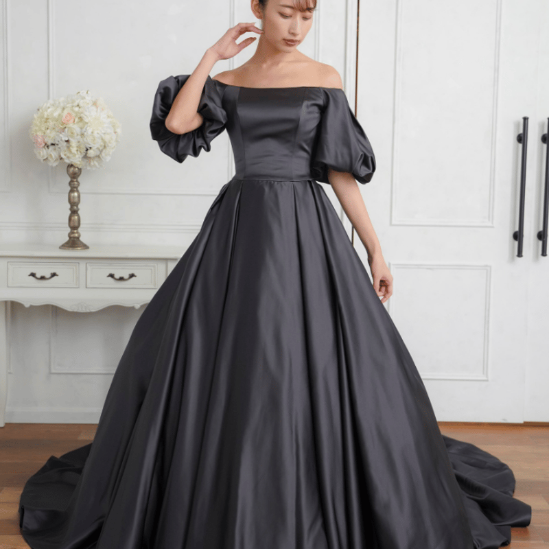 パーティードレス オフショルダー パフスリーブ ブラック 編み上げ 2次  