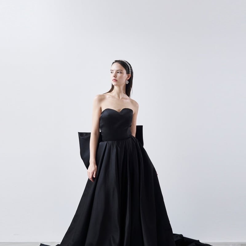色直し パーティードレス 黑 ベアトップ リボン サテン スレンダー  