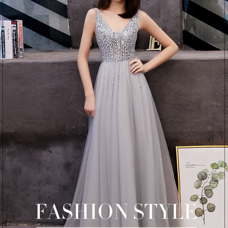 グレー スパンコール Aラインドレス LEJA スパンコール花柄ハイネックA