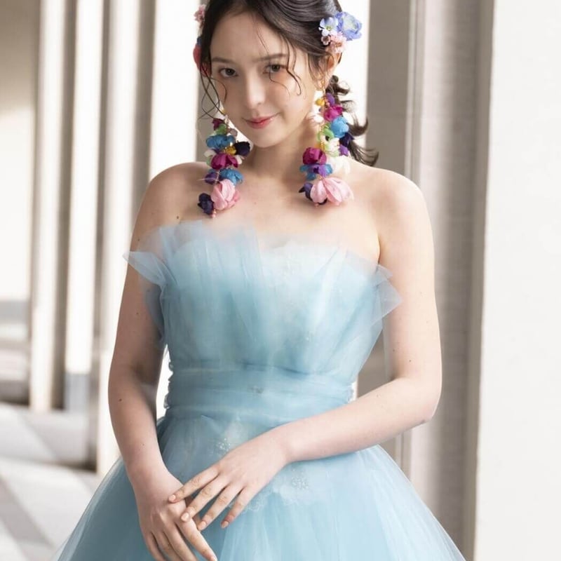 ウエディングドレス 薄青 取り外し ベアトップ 繊細レース 柔らかく  