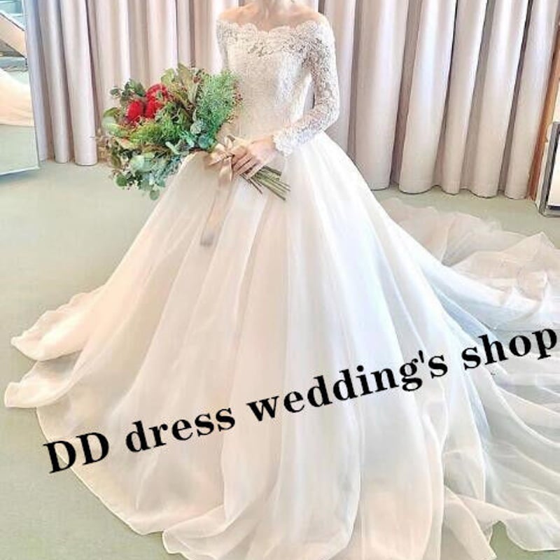 フランス風 長袖 ウエディングドレス ホワイトオフショル 憧れのドレス  