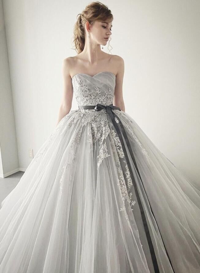 高品質 カラードレス ブルーグレー ベアトップ サッシュベルト シアー