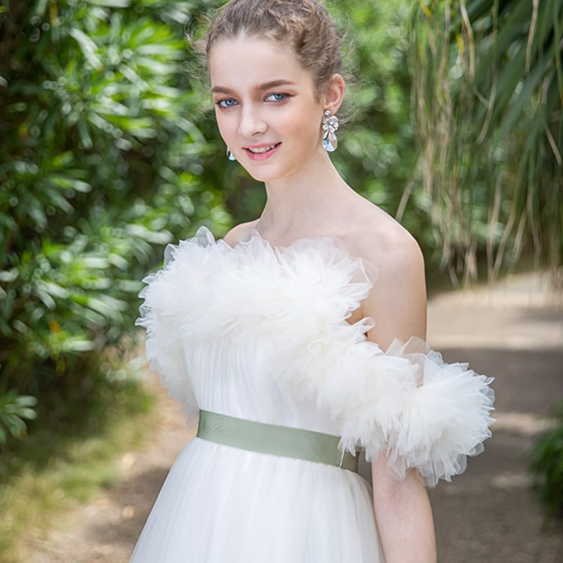 エレガント ウェディングドレス 取り外しオフショルダー チュール  