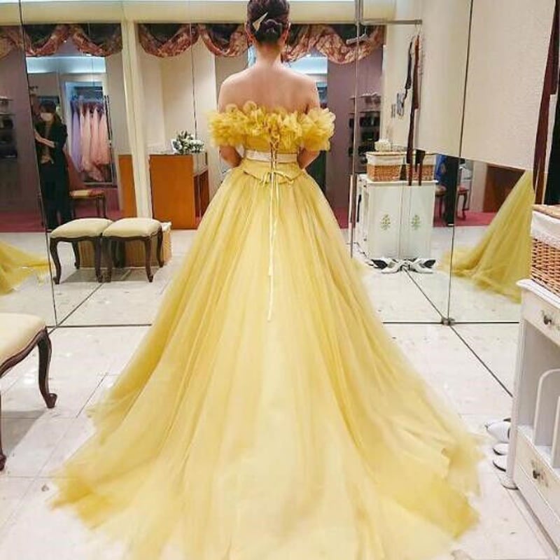 高品質！パステルイエローカラードレス 取り外し可能オフショル 華やか  