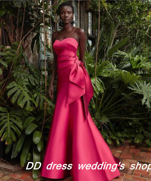 オードリー風 パーティードレス ビビッドピンク ベアトップ 光沢サテン  