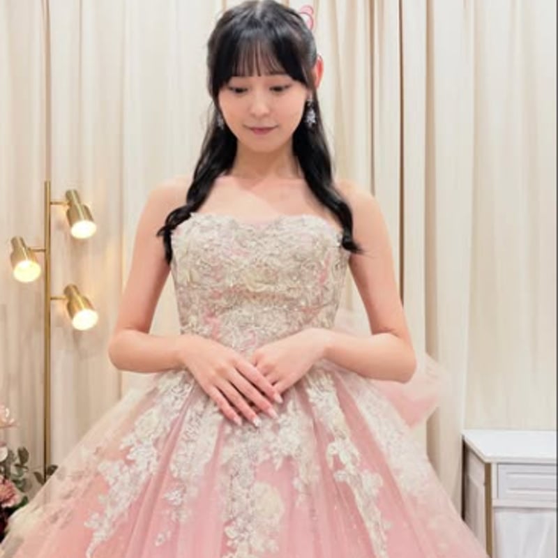 カラードレス ピンク ベアトップ 上品レース ふっくら柔らかな