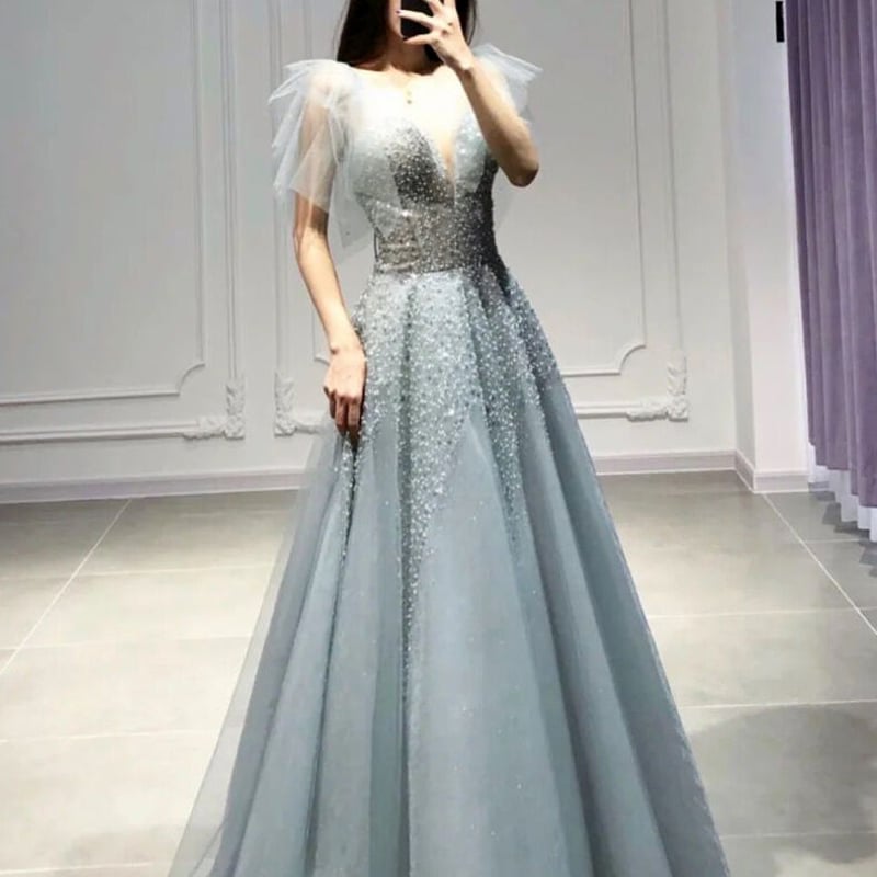 高品質！パーティードレス 薄グレー ボートネック ロング ハンドビー  