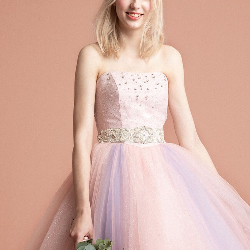 カラードレス ピンク ベアトップ ビジュードレス ベルト キラキラ