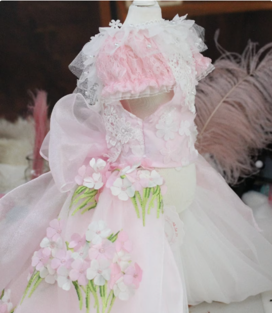 レース装飾フリル袖ピンクドレス　BCBG Lサイズあり【JEAN MACLEAN/ジャンマクレーン】ベア/ オフショル