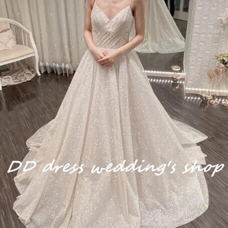 グリッター入りVネックレースドレス 高品質！ ウエディングドレス V  