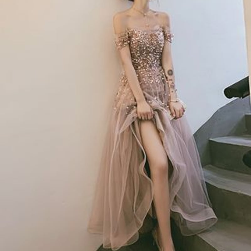 オフショルダー スパンコール パーティードレス お呼ばれ/二次会/2次会  