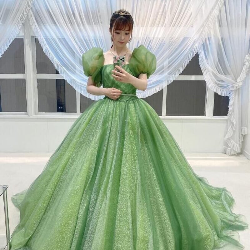 カラードレス グリーン キラキラグリッターチュール プリンセスライン