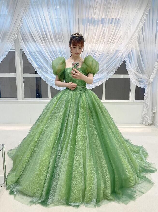カラードレス グリーン キラキラグリッターチュール プリンセスライン