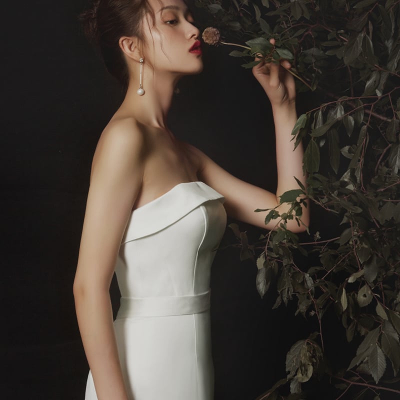 フランス風 ベアトップ ウエディングドレス ホワイトマーメイドライン