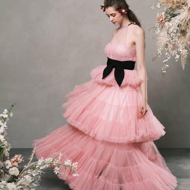 カラードレス ピンク 柔らかく重ねたチュールスカート ベルト  