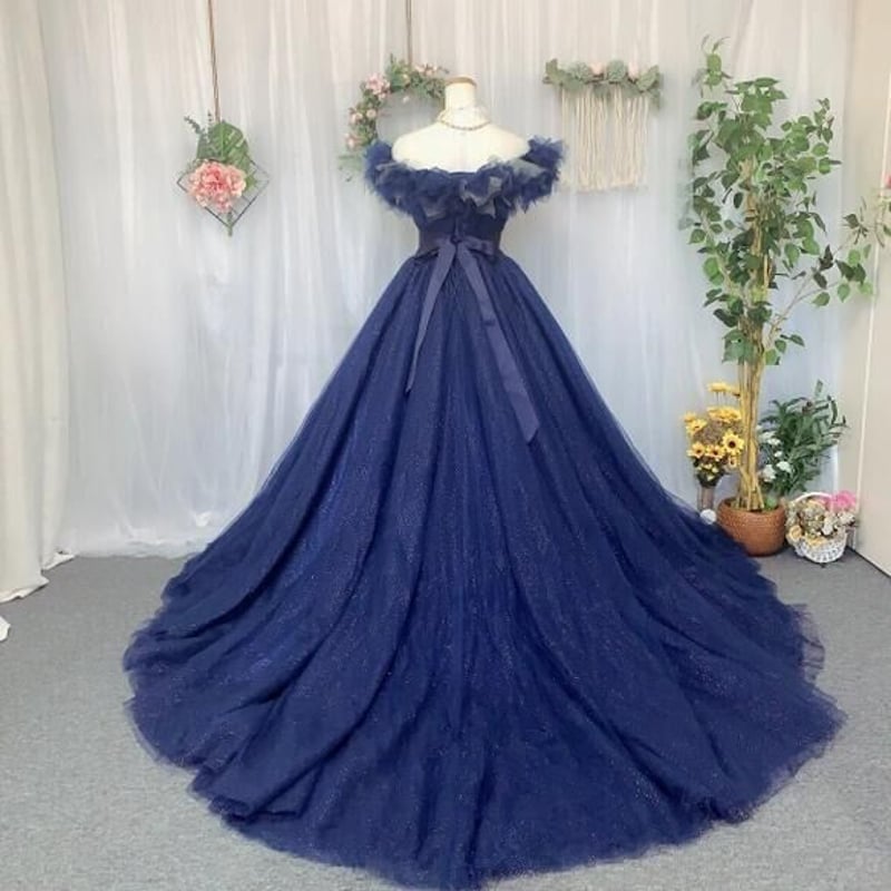 華やか カラードレス 色直し ネイビー サッシュベルト 柔らかく重ねた  