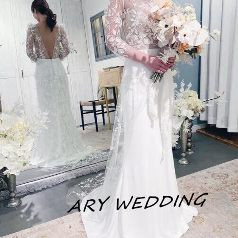 フランス風 前撮り長袖 背中見せ リーフ刺繍 ウエディングドレス  