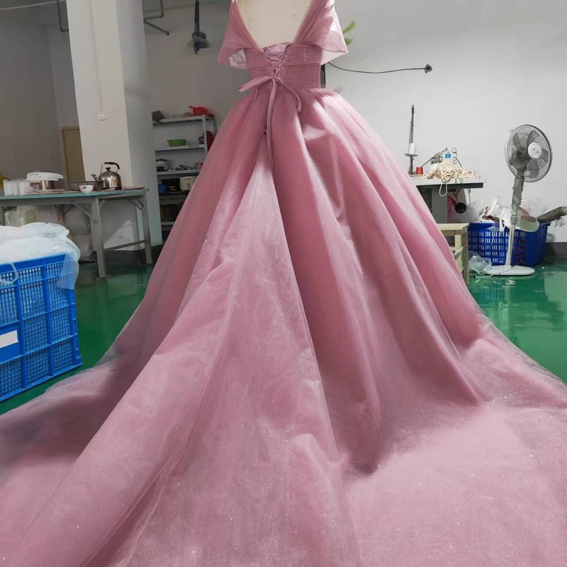 在庫処理！激安！ ドレス オーガンジー ローズピンク ふわふわ袖 V  