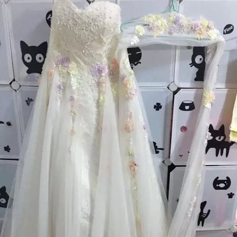 2WAY長いトレーンウェディングドレス、カラー花 ドレスワンピース結婚 