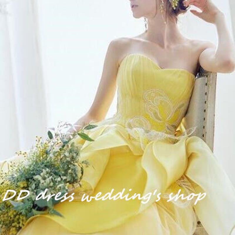 高品質！カラードレス イエロー ベアトップ プリンセスライン 2次会  