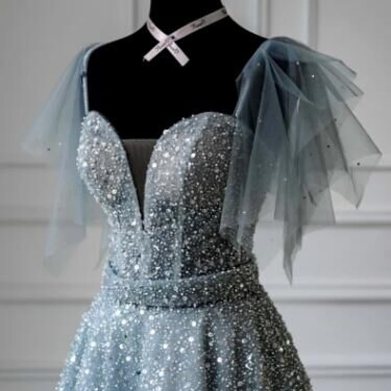 高品質！パーティードレス 薄グレー ボートネック ロング ハンドビー  