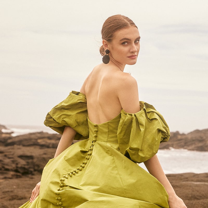 パーティードレス グリーン ベアトップ パフスリーブ ロングトレーン  