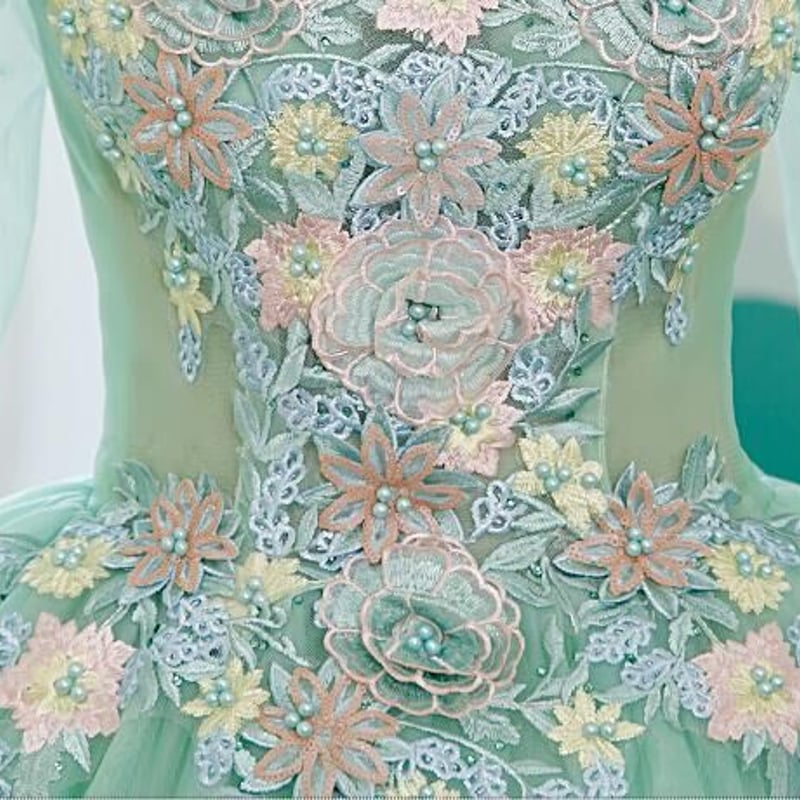 上品！緑 カラードレス プリンセスライン ソフトチュール 姫袖 音楽会