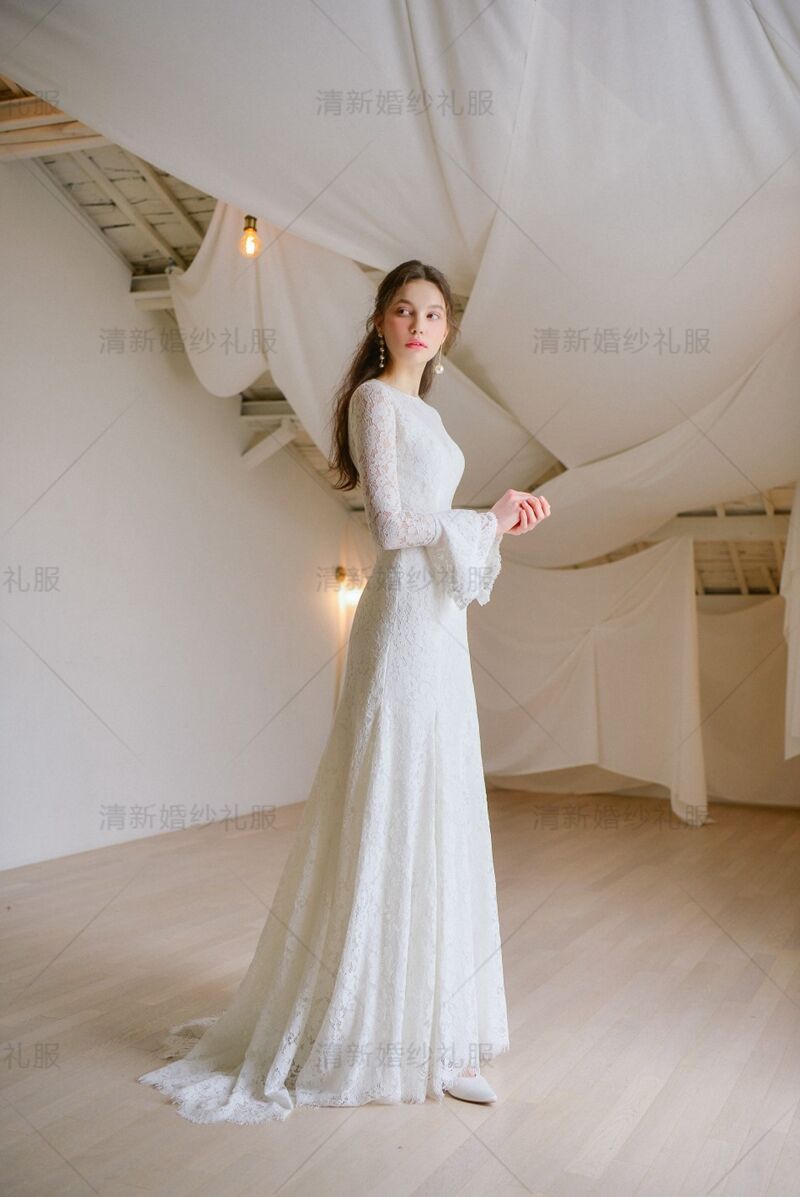 フランス風 フレア袖 マーメイドライン ウエディングドレス 優雅な  