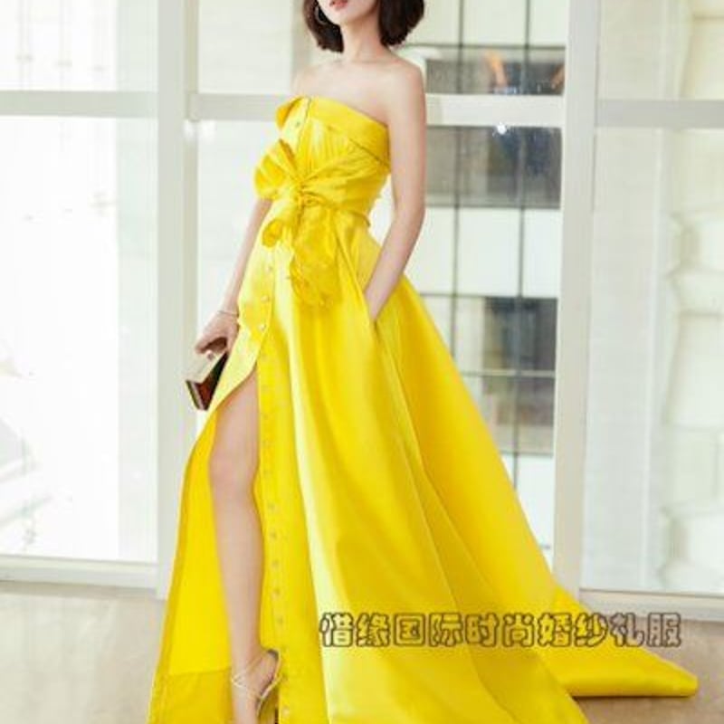 美品 パーティードレス イエロー 2次会/披露宴 ベアトップ スリット  