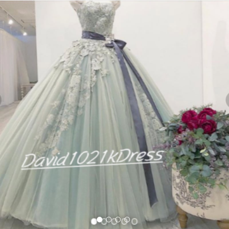 カラードレス 薄グリーン 3D立体レース刺繍 ベアトップ 挙式  