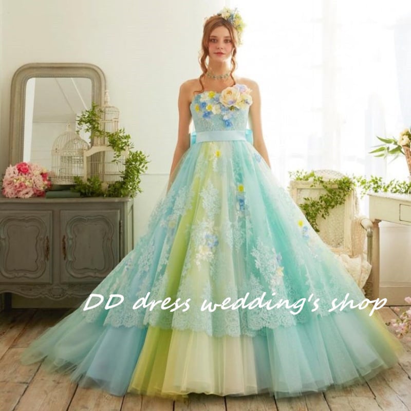 海外作家様　スーレイン　テディベア　水玉ドレス　可愛い 高品質！緑 ベアトップ カラードレス プリンセスライン 3D立体