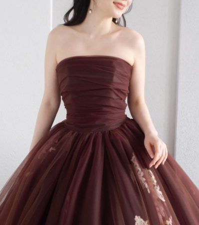 カラードレス ブラウン 枝花刺繍 チュールスカート ノースリーブ