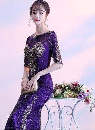 カラードレス パープル/紫 上品レース スパンコール マーメイドライン