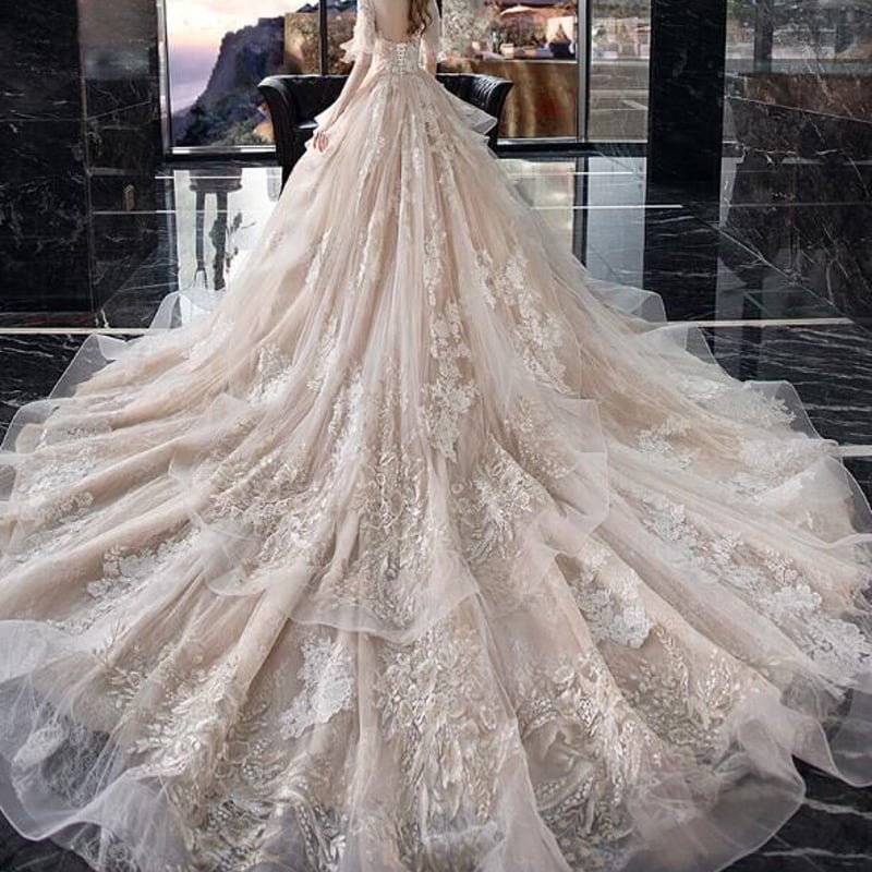 シャンパン色 ウエディングドレス 3D立体レース刺繍 結婚式 Vネックフォーマル/ドレス