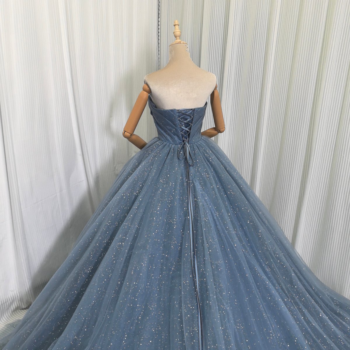 カラードレス ジュエルブルー オフショルダー キラキラチュール ベルト  