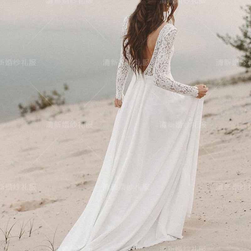 フランス風 長袖 ウエディングドレス 前撮り オフホワイト 背中見せ 2  