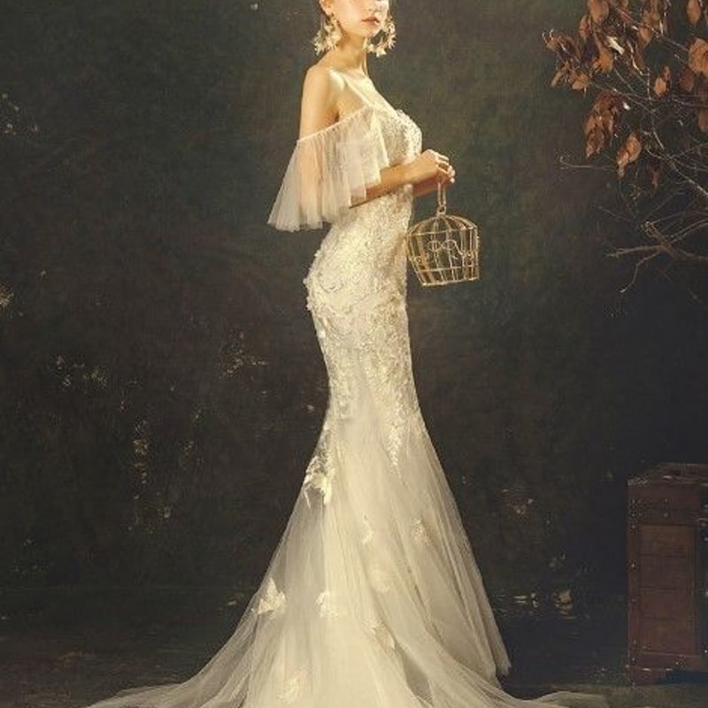 エレガント マーメイドライン ホワイト パーティードレス ベアトップ  