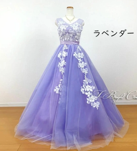 ラベンダー花モチーフドレス　演奏会 カラードレス ラベンダー 紫 7号9号11号13号 Aライン 演奏会