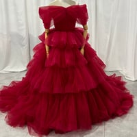 カラードレス ボルドー色  オフショルダー 編み上げ  ロングトレーン ソフトチュール 花嫁 前撮り
