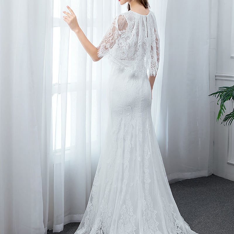 ウエディングドレス ホワイト 繊細レース 上品花レース マーメイド  