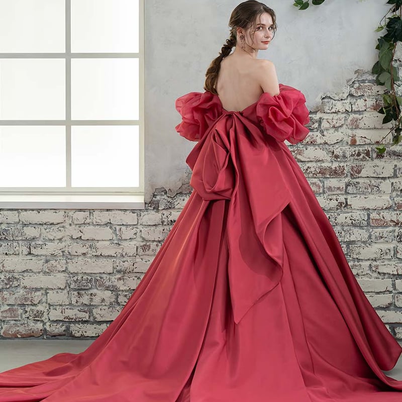 ワインレッド 取り外し袖 ふっくら柔らかなバックリボン 披露宴/結婚式  