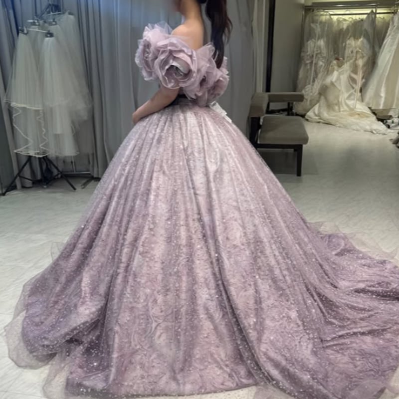 カラードレス パープル フリルオフショルダー キラキラ