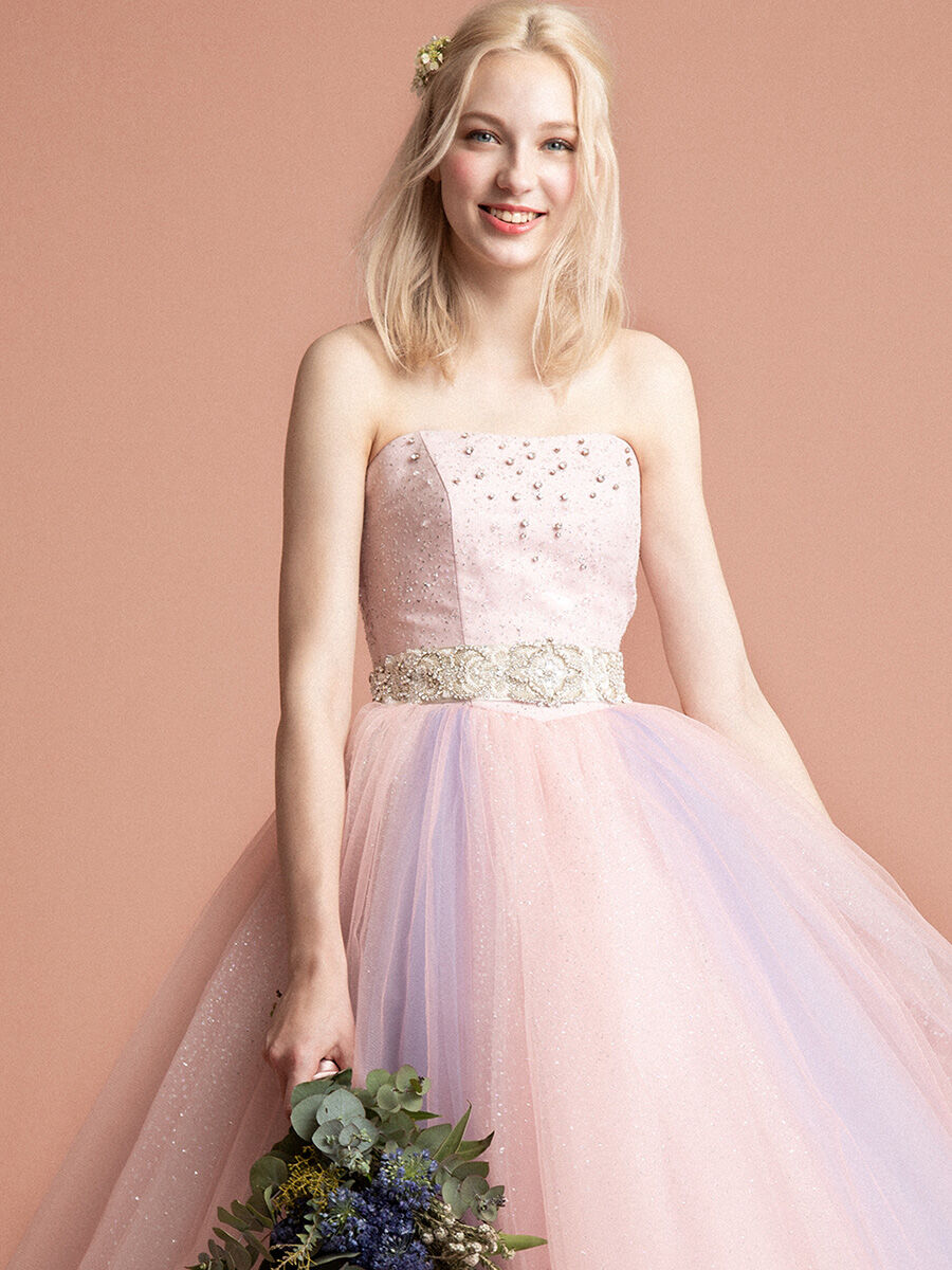 カラードレス 薄ピンク キラキラチュール ベルト 編み上げ 短トレーン  