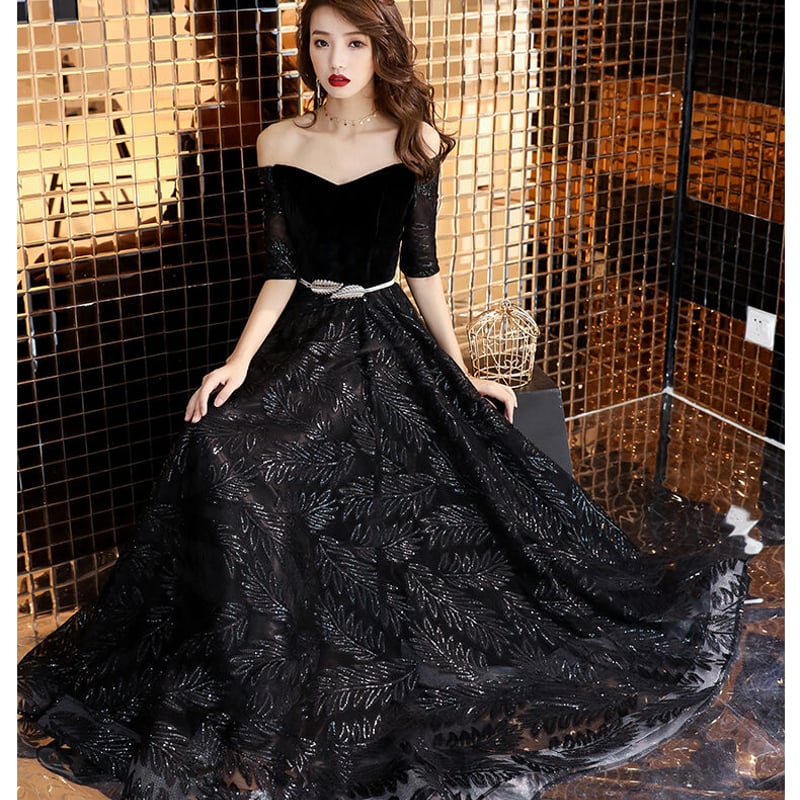 大人気上昇 パーティードレス 黒 オフショル 半袖 2次会 音楽会 抜群  