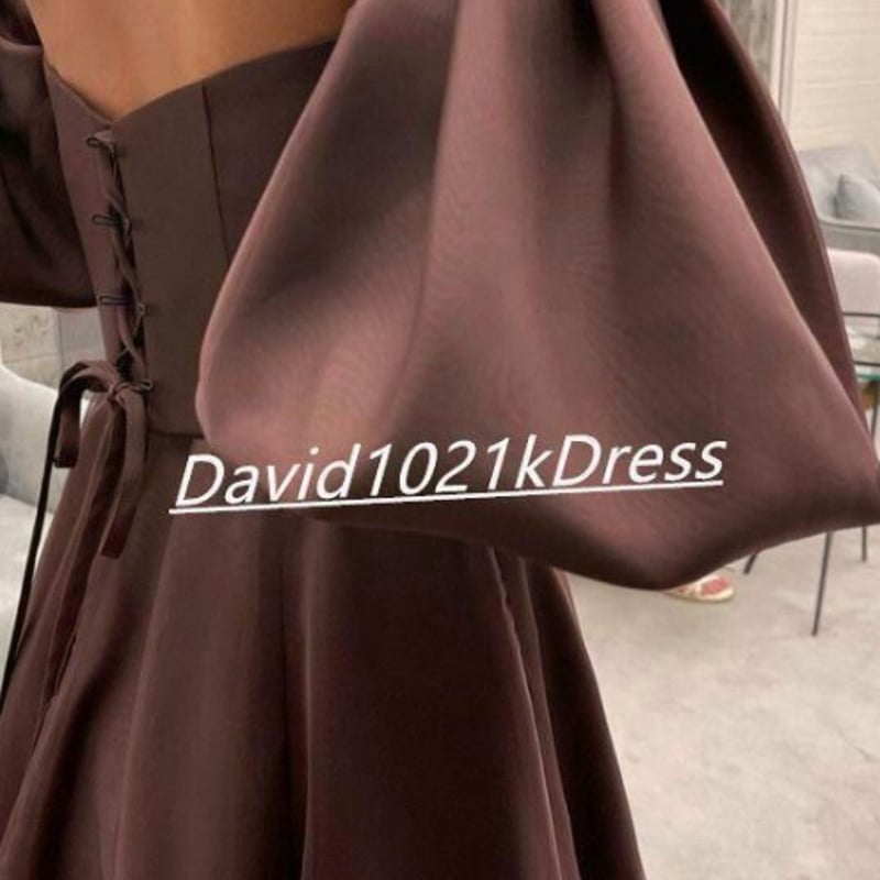 ブラウンカラードレス ベアトップ パフスリーブ トレーン 姫袖  